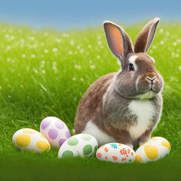 Single sedate furry English Spot rabbit sitting on green grass with easter eggs