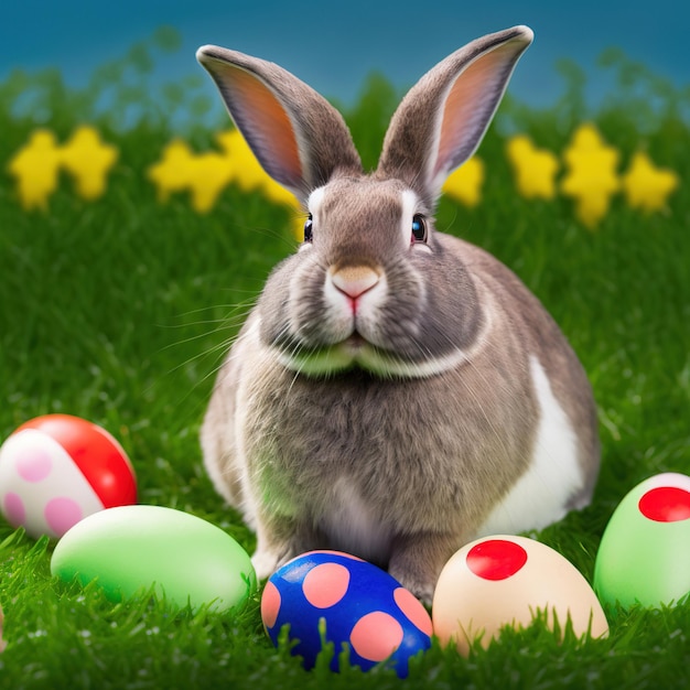 Single sedate furry English Spot rabbit sitting on green grass with easter eggs