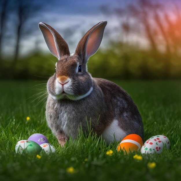 Одинокий пушистый английский пятнистый кролик сидит на зеленой траве с пасхальными яйцами