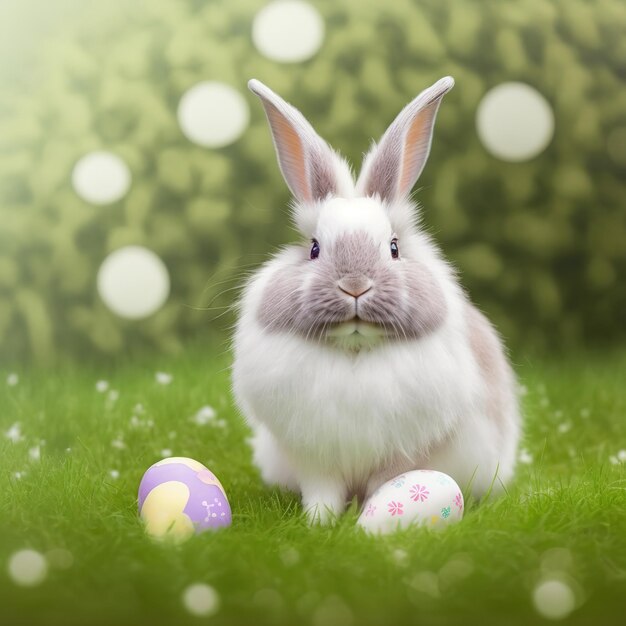 Single sedate furry french angora rabbit sitting on green grass with easter eggs