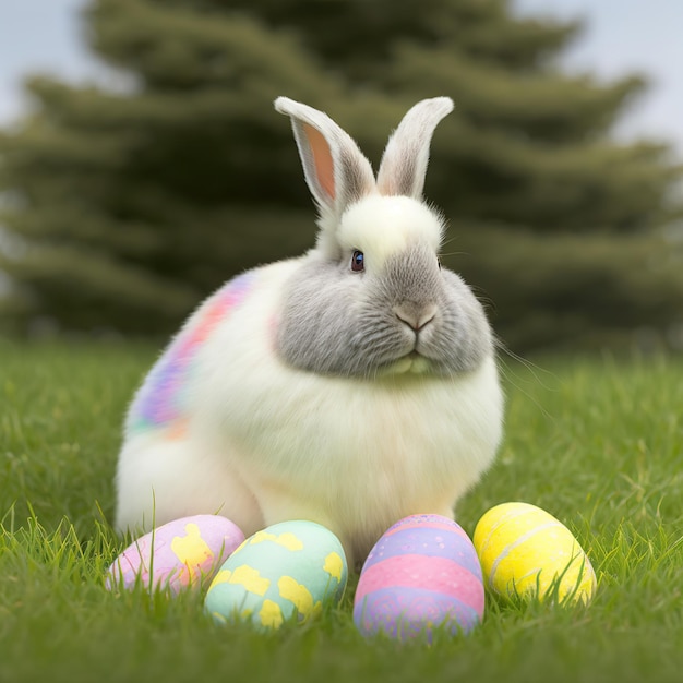 Single sedate furry Giant Angora rabbit sitting on green grass with easter eggs