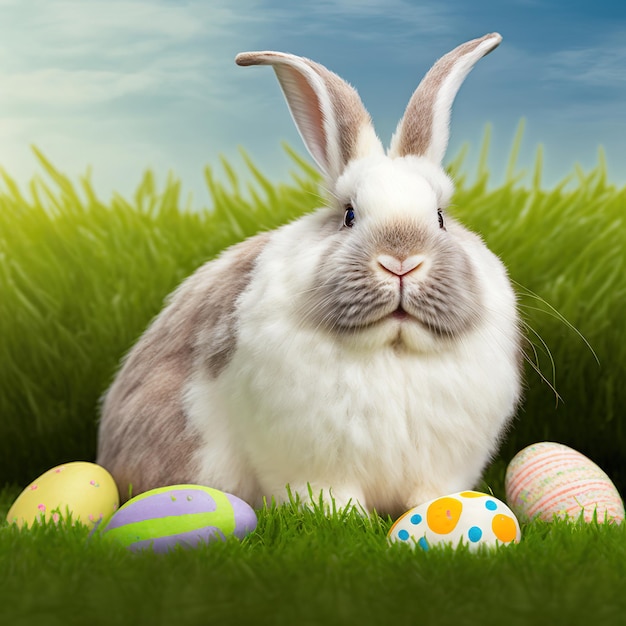 Single sedate furry Giant Angora rabbit sitting on green grass with easter eggs