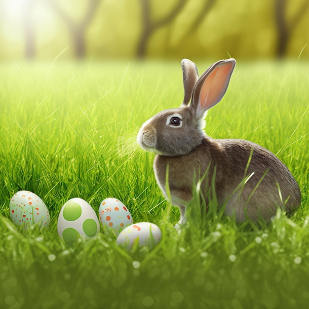 Single sedate furry Havana rabbit sitting on green grass with easter eggs