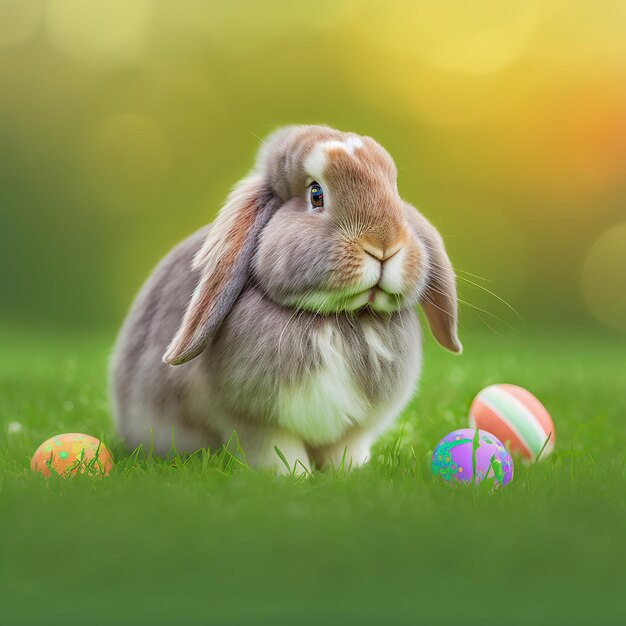 Single sedate furry Holland Lop rabbit sitting on green grass with easter eggs