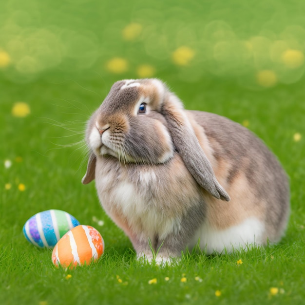 Single sedate furry Holland Lop rabbit sitting on green grass with easter eggs