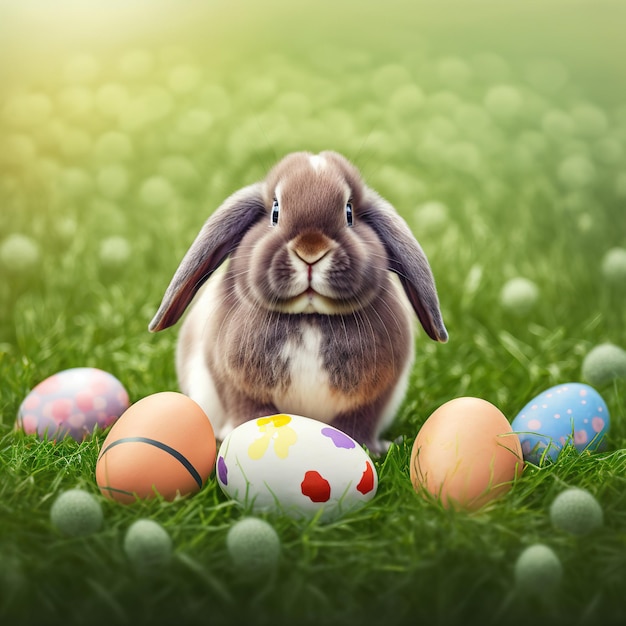 Photo single sedate furry mini lop rabbit sitting on green grass with easter eggs