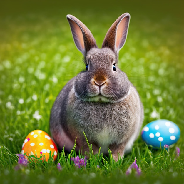 Single sedate furry Netherland Dwarf rabbit on green grass with easter eggs