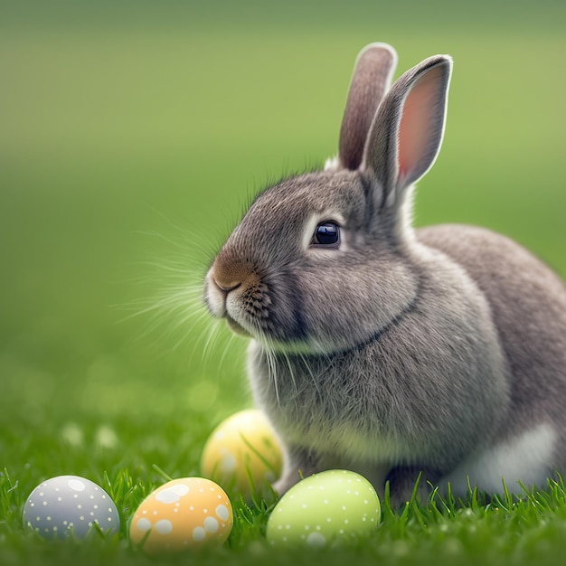 Single sedate furry Netherland Dwarf rabbit on green grass with easter eggs