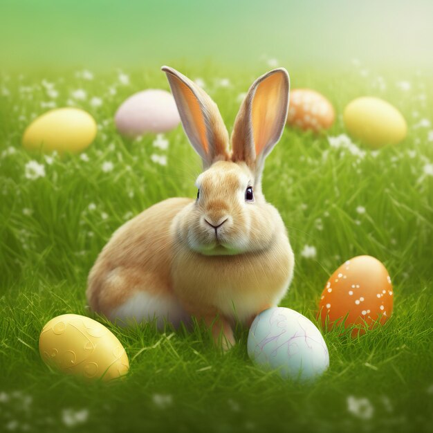 Single sedate furry Palomino rabbit sitting on green grass with easter eggs