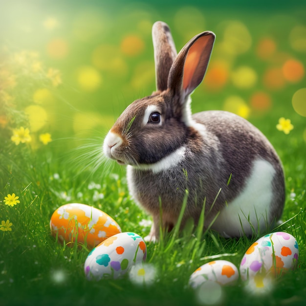 Single sedate furry Polish rabbit sitting on green grass with easter eggs