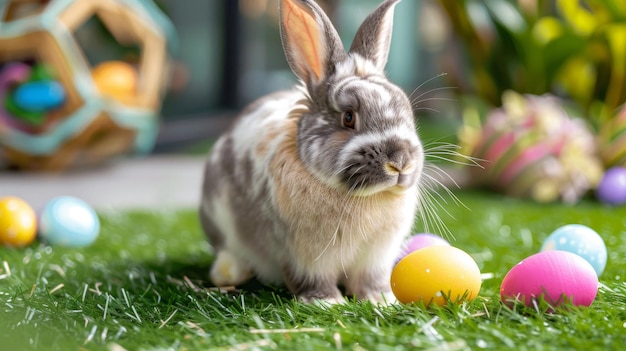 Photo single sedate furry rex rabbit sitting on green grass with easter eggs