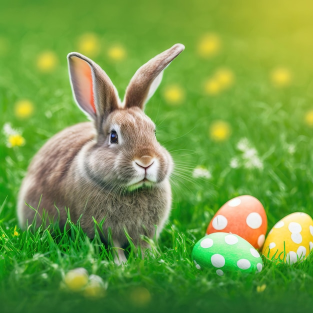 Одинокий степенный пушистый кролик Рейнландер сидит на зеленой траве с пасхальными яйцами