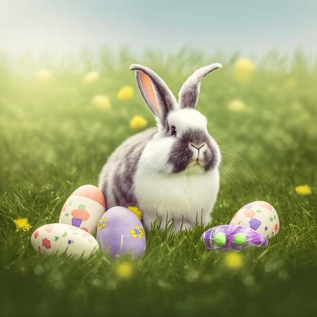 Single sedate furry Satin Angora rabbit sitting on green grass with easter eggs