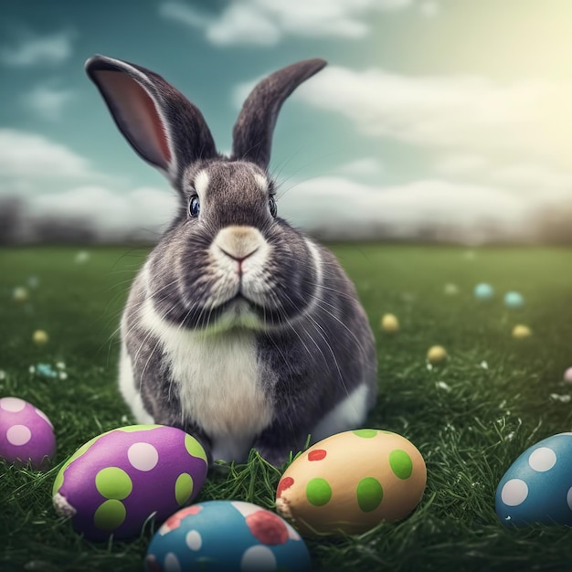 Одинокий степенный пушистый атласный кролик сидит на зеленой траве с пасхальными яйцами