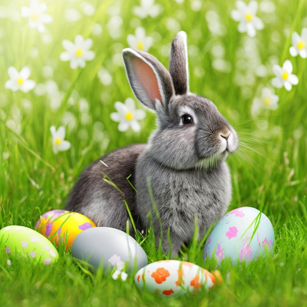 Single sedate furry Silver Marten rabbit sitting on green grass with easter eggs