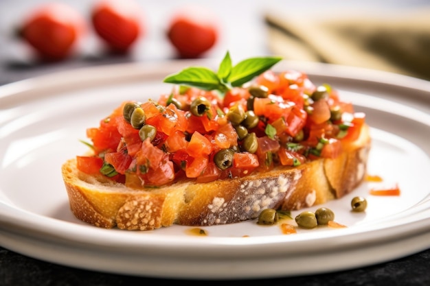 A single serving of bruschetta with capers on a square plate