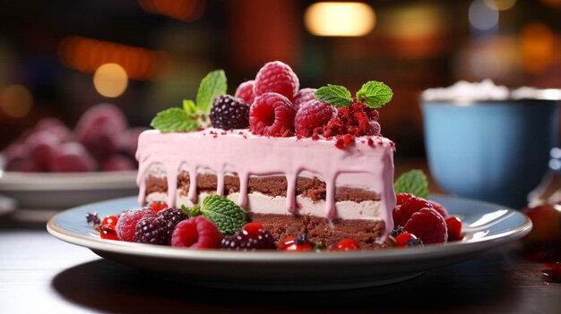 A single slice of rasberry mousse cake in a red plate on table