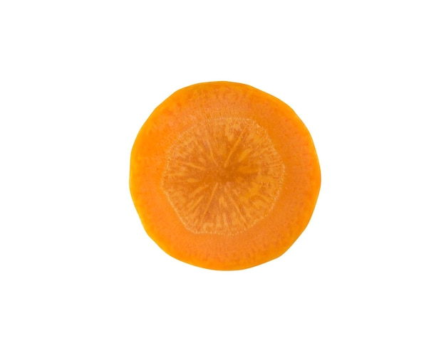 A single slice top view of fresh orange carrot isolated on white background