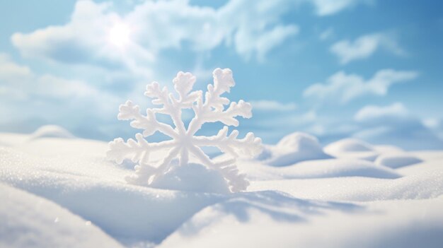 写真 雪に覆われた風景の真ん中に座っている単一の雪花 この画像は,冬の自然の美しさや個人のユニークさを描くために使用できます