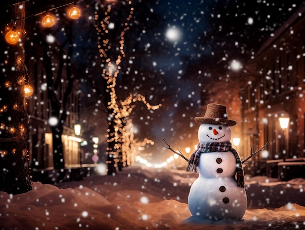 A single snowman decorated with scarf carrot hat standing on the street with snow and snow flakes