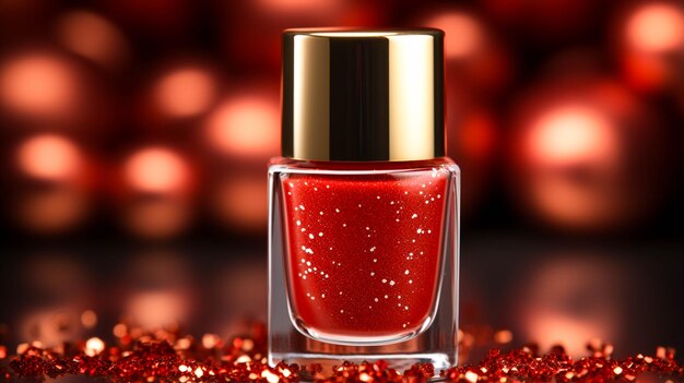 A single Solitary glamorous red nail polish on a red background