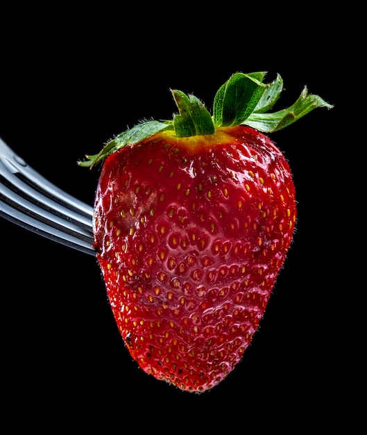 Single strawberry on fork