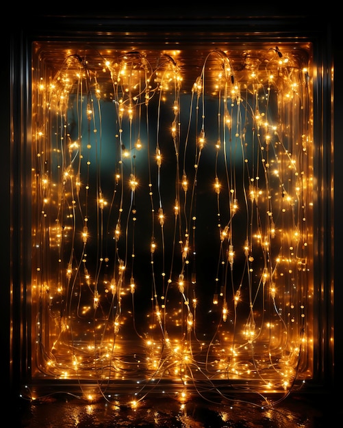 A single string of golden fairy lights in a square on black AI generative