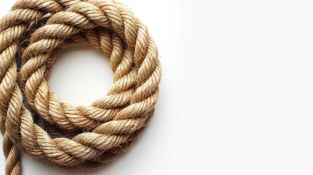 A single sturdy climbing rope coils at the upper left against a white background