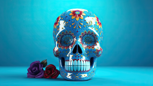 A single sugar skull or catrina on a azure background or wallpaper