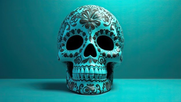 A single sugar skull or catrina on a dark cyan background or wallpaper