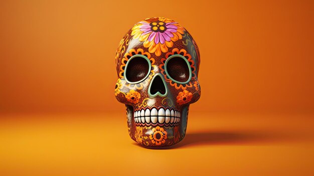 A single sugar skull or Catrina on a dark orange background or wallpaper