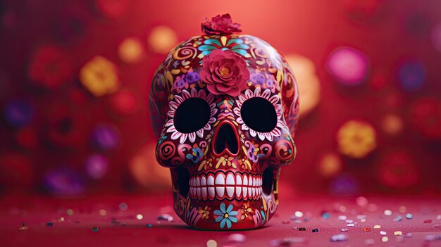 Photo a single sugar skull or catrina on a dark red background or wallpaper