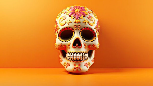 A single sugar skull or Catrina on a light orange background or wallpaper