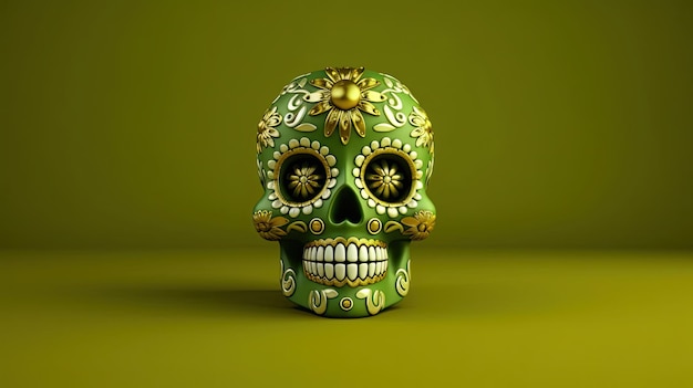 A single sugar skull or Catrina on a olive green background or wallpaper