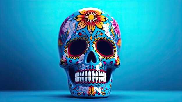 A single sugar skull or catrina on a vivid blue background or wallpaper