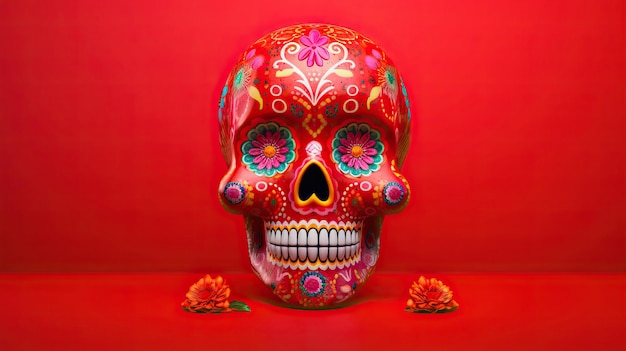 A single sugar skull or catrina on a vivid red background or wallpaper