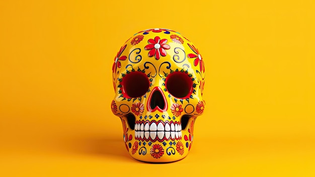 A single sugar skull or catrina on a vivid yellow background or wallpaper