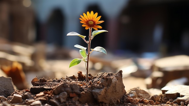 Photo a single sunflower growing out of a pile of dirt