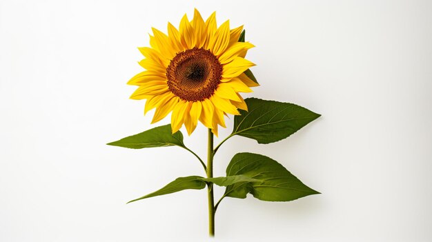 Photo a single sunflower with green leaves on a white background