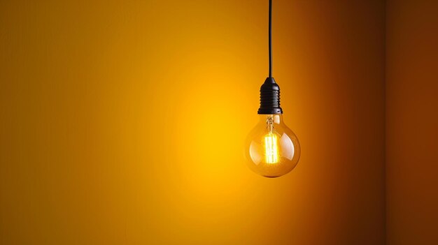 A single suspended lightbulb against a yellow backdrop