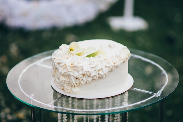 Single-tiered white wedding cake decorated with cream in the form of flowers stands on a glass table in nature