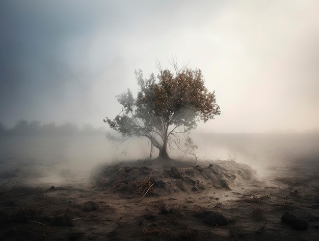 Single tree on the dry land with smoke and fog