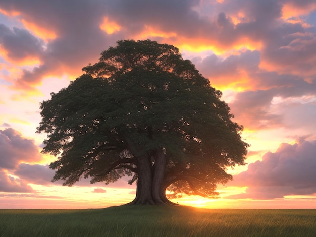 Photo single tree on field during sunset