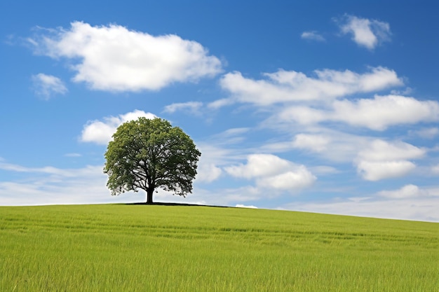 Photo single tree on a green meadow and blue sky with white clouds