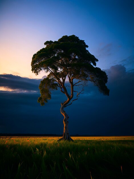 A single tree growing under a clouded sky during a sunset surrounded generated by AI