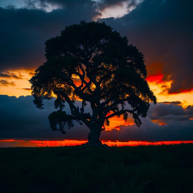 A single tree growing under a clouded sky during a sunset surrounded generated by AI