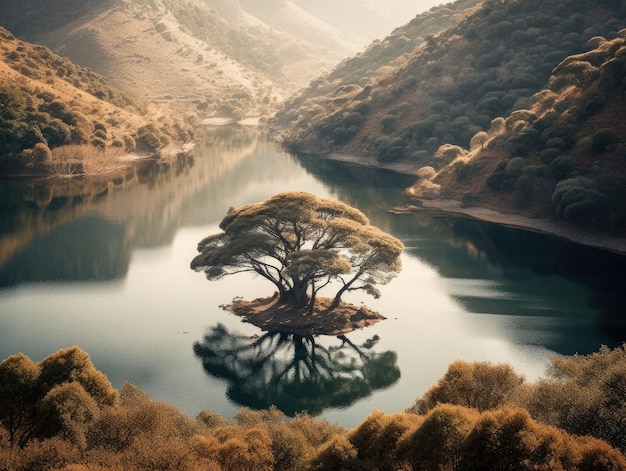 Single tree island in mountain lake ai generated artwork