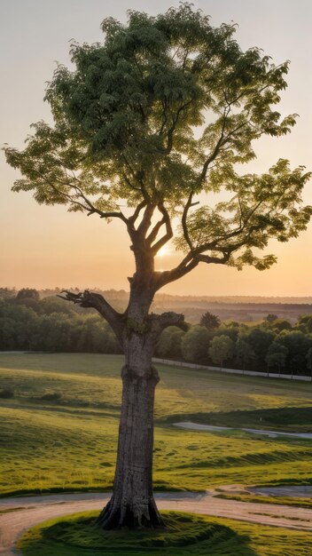 Foto albero singolo in un parco tramonto ore d'oro rilassante fotografia della natura