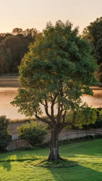 Photo single tree in a park sunset golden hours relaxing nature photography