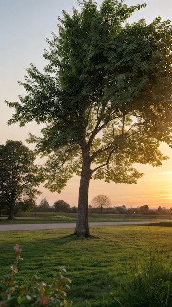 Photo single tree in a park sunset golden hours relaxing nature photography